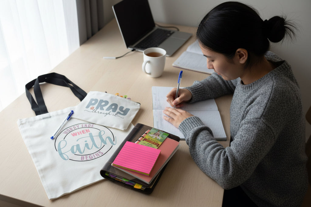 “Faith & Sunshine Tote – Tote Bag with Purse & Inspirational Quote”